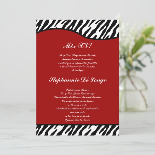5x7 Crimson Red Zebra Quinceanera Party Uitnodigen Kaart (Staand voorkant)