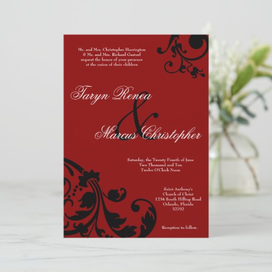 5x7 Crimson Rode Bloemen Linnen bruiloft uitnodigi Kaart (Staand voorkant)