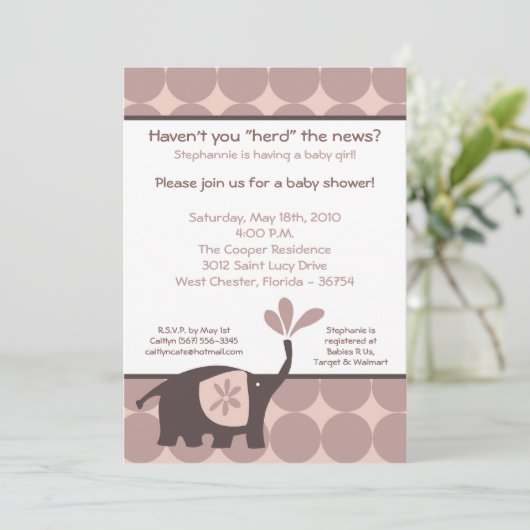5x7 Cute Paarse Elephant Baby shower Invitation Kaart (Staand voorkant)