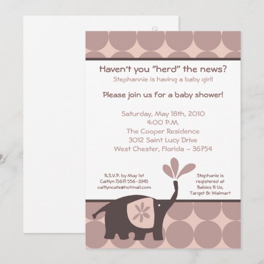 5x7 Cute Paarse Elephant Baby shower Invitation Kaart (Voorkant / Achterkant)
