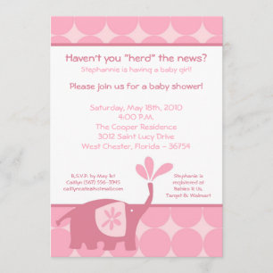 5x7 Cute Pink Elephant Baby shower Invitation Kaart