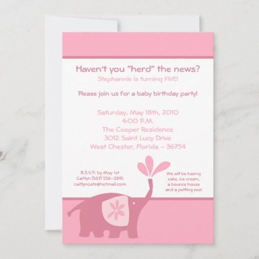 5x7 Cute Pink Elephant Birthday Party Invitation Kaart (Voorkant)
