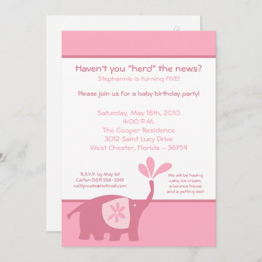5x7 Cute Pink Elephant Birthday Party Invitation Kaart (Voorkant / Achterkant)