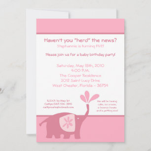 5x7 Cute Pink Elephant Birthday Party Invitation Kaart