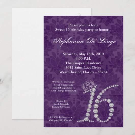 5x7 Diamond Amethyst Sweet 16 Birthday Invitation Kaart (Voorkant / Achterkant)
