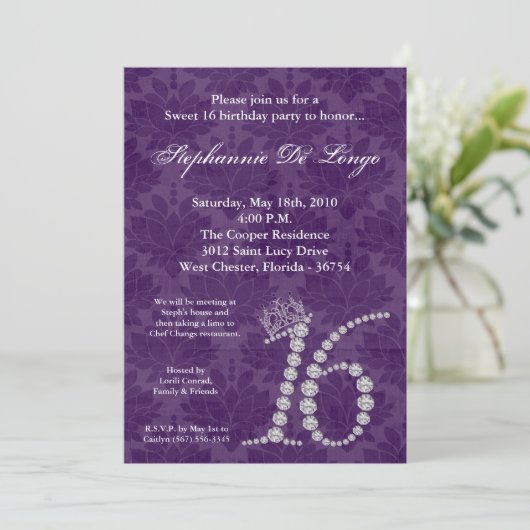 5x7 Diamond Amethyst Sweet 16 Birthday Invitation Kaart (Staand voorkant)