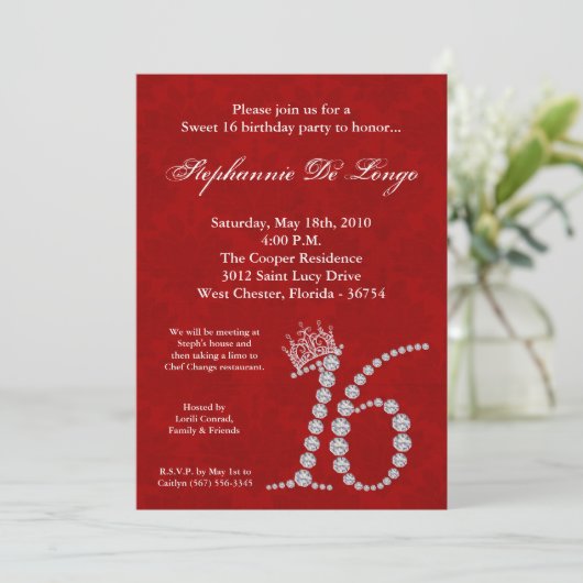 5x7 Diamond Ruby Crow Sweet 16 Birthday Invitation Kaart (Staand voorkant)