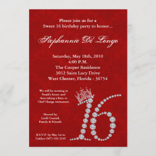 5x7 Diamond Ruby Crow Sweet 16 Birthday Invitation Kaart