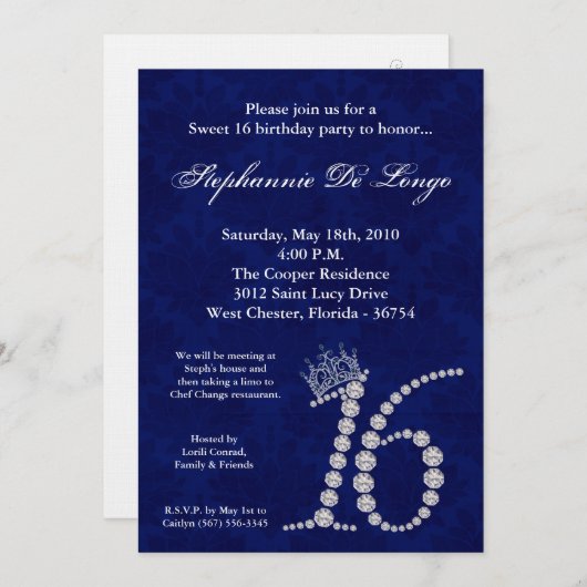 5x7 Diamond Saphire Sweet 16 Birthday Invitation Kaart (Voorkant / Achterkant)