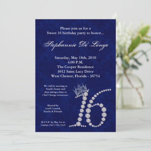 5x7 Diamond Saphire Sweet 16 Birthday Invitation Kaart (Staand voorkant)