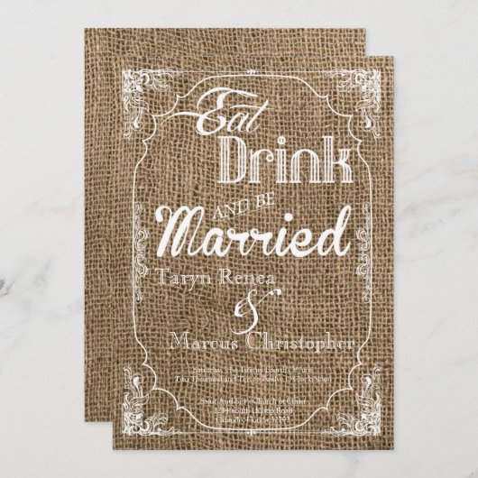 5x7 Eat Drink moet huwelijksburlap uitnodigen Kaart (Voorkant / Achterkant)