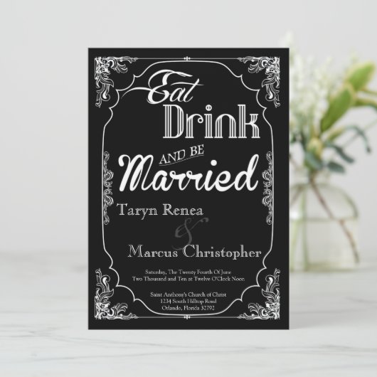 5x7 Eat Drink wordt huwelijksreis uitnodigen op ee Kaart (Staand voorkant)