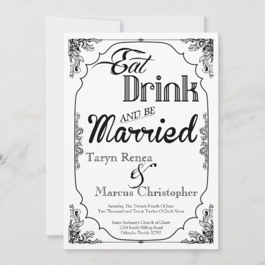 5x7 Eet Drink Trouwen Witte Trouwuitnodiging Kaart (Voorkant)
