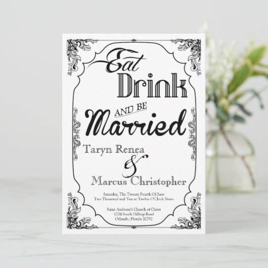 5x7 Eet Drink Trouwen Witte Trouwuitnodiging Kaart (Staand voorkant)