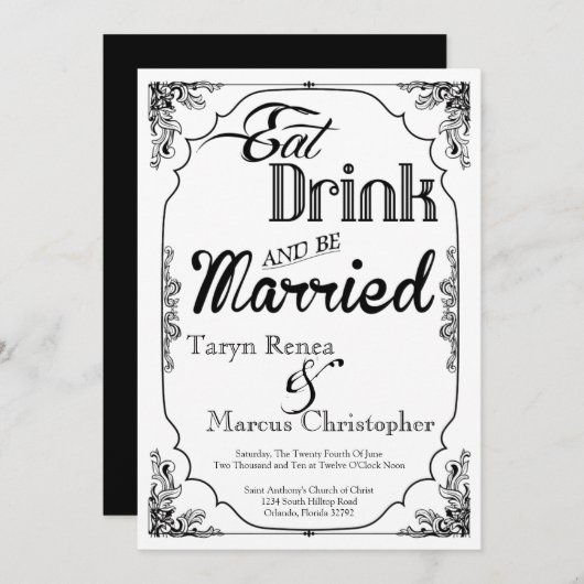 5x7 Eet Drink Trouwen Witte Trouwuitnodiging Kaart (Voorkant / Achterkant)