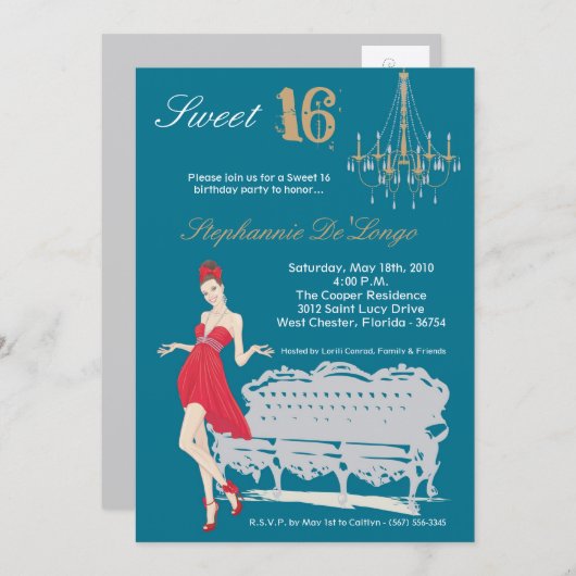 5x7 Elegant Party Sweet 16 Verjaardag Uitnodiging (Voorkant / Achterkant)