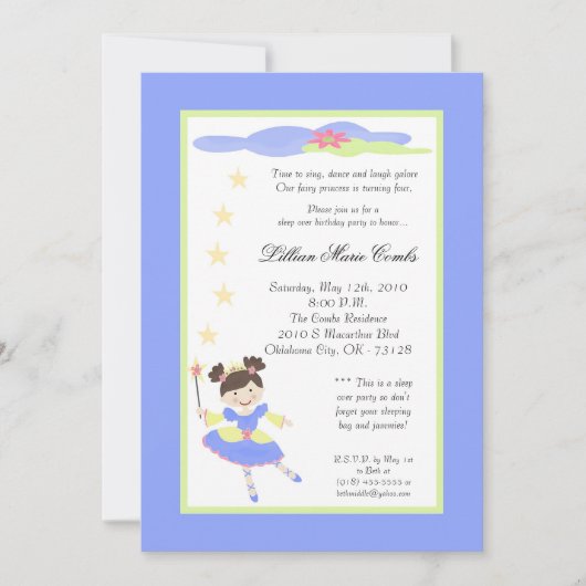 5x7 Fairy Princess Lila Birthday Party Invitation Kaart (Voorkant)