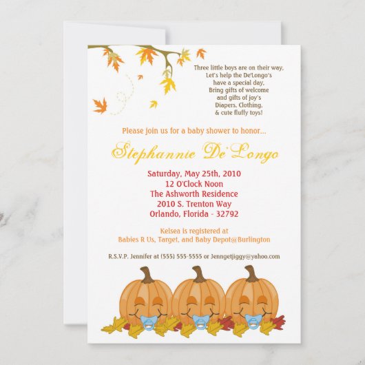 5x7 Fall Leaves TRIPLET Boy Baby shower Invitation Kaart (Voorkant)