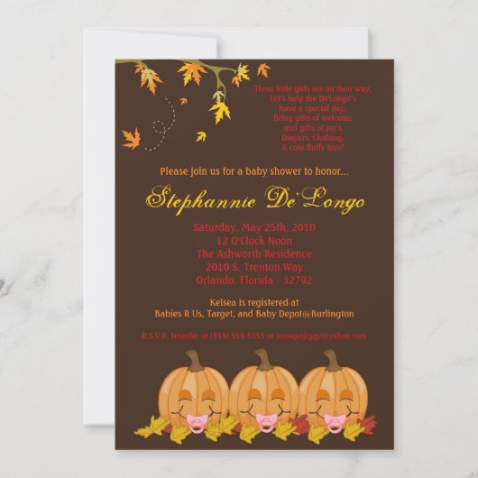5x7 Fall Leaves TRIPLETGirl Baby shower Invitation Kaart (Voorkant)