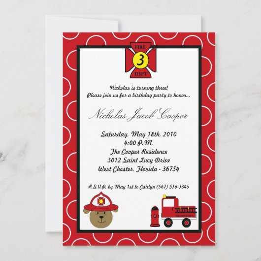 5x7 Fire Dog Firetruck Verjaardagsfeest Uitnodigin Kaart (Voorkant)