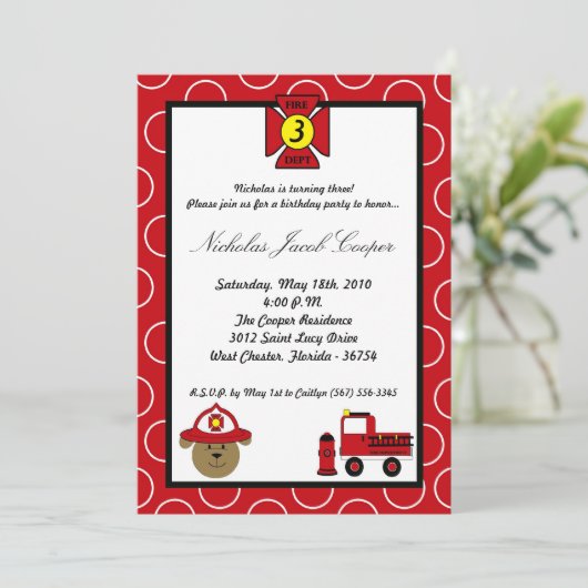 5x7 Fire Dog Firetruck Verjaardagsfeest Uitnodigin Kaart (Staand voorkant)