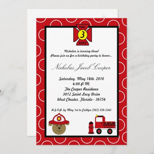 5x7 Fire Dog Firetruck Verjaardagsfeest Uitnodigin Kaart (Voorkant / Achterkant)