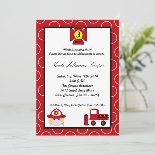 5x7 Firewoman Firetruck verjaardagsfeestje uitnodi Kaart (Staand voorkant)