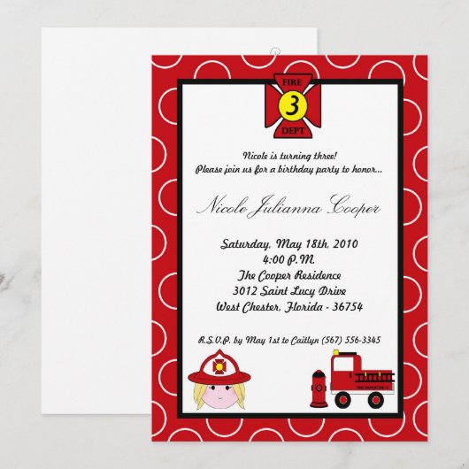 5x7 Firewoman Firetruck verjaardagsfeestje uitnodi Kaart (Voorkant / Achterkant)