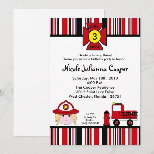 5x7 Firewoman Firetruck verjaardagsfeestje uitnodi Kaart (Voorkant / Achterkant)