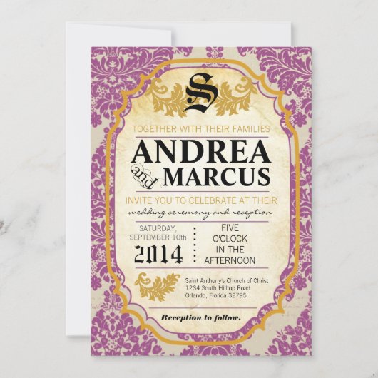 5x7 Formele Paarse Damask Lace Wedding Invitation Kaart (Voorkant)