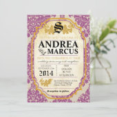5x7 Formele Paarse Damask Lace Wedding Invitation Kaart (Staand voorkant)