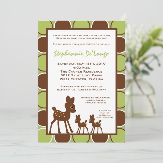5x7 Forrest TWINS Baby Deer Baby shower Invitation Kaart (Staand voorkant)
