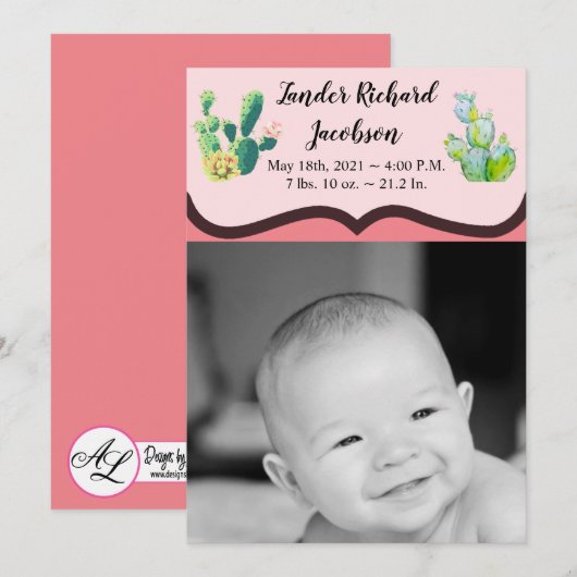 5x7 Foto Geboorte Aankondiging Leger Boheemse Cact (Voorkant / Achterkant)
