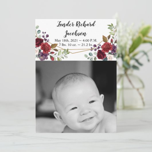 5x7 foto geboorte aankondiging leger wit rozen gou (Staand voorkant)