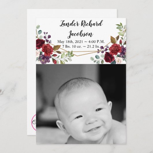 5x7 foto geboorte aankondiging leger wit rozen gou (Voorkant / Achterkant)