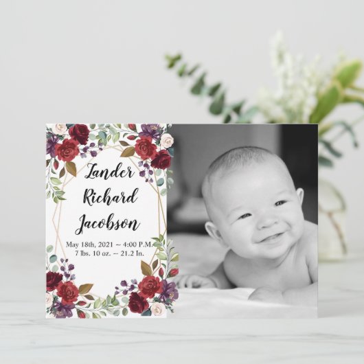 5x7 foto geboorte aankondiging leger wit rozen gou (Staand voorkant)