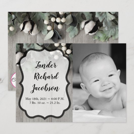 5x7 Foto Geboorte Aankondiging Legerkatoen plant b (Voorkant / Achterkant)