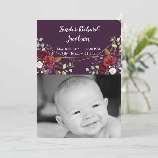 5x7 Foto Geboorte Aankondiging Legerpruim Paarse R (Staand voorkant)