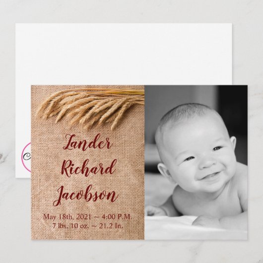 5x7 Foto Geboorte Aankondiging Legertarwe op Burla (Voorkant / Achterkant)