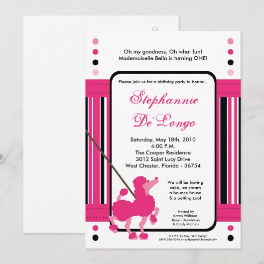 5x7 Franse roze poedel verjaardagsfeestje uitnodig Kaart (Voorkant / Achterkant)