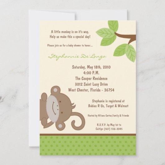 5x7 Funky Monkey Oerwoud Zoo Baby shower Uitnodigi Kaart (Voorkant)