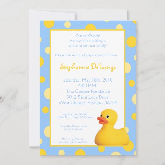 5x7 gele blu Rubber Ducky Baby shower Uitnodiging (Voorkant)