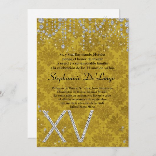 5x7 Gele Diamant Quinceanera Verjaardag Uitnodigin Kaart (Voorkant / Achterkant)