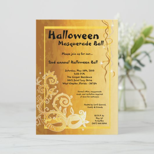 5x7 gele maskerade Halloween bal uitnodiging (Staand voorkant)