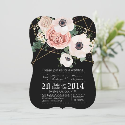 5x7 geometrische tuin Roos bruiloft uitnodiging zw (Staand voorkant)