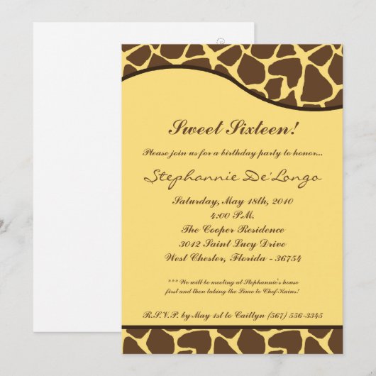 5x7 Giraffe Print Sweet 16 Birthday Party Invite Kaart (Voorkant / Achterkant)