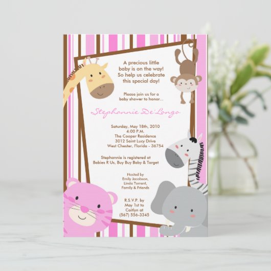 5x7 Girl Oerwoud Lion Monkey Baby shower Uitnodigi Kaart (Staand voorkant)