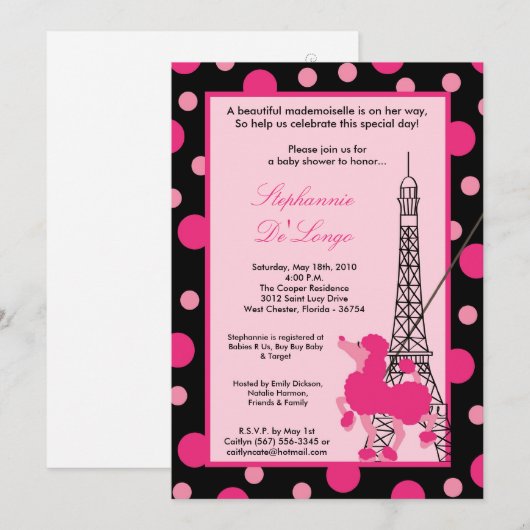 5x7 Girl Pink Poodle Baby shower Uitnodiging (Voorkant / Achterkant)