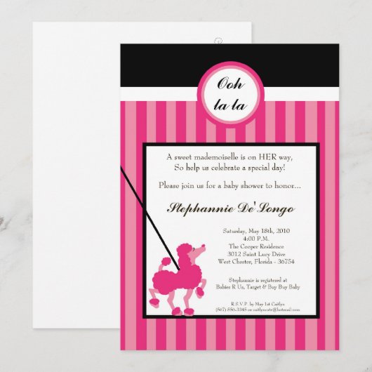 5x7 Girl Pink Poodle Baby shower Uitnodiging (Voorkant / Achterkant)