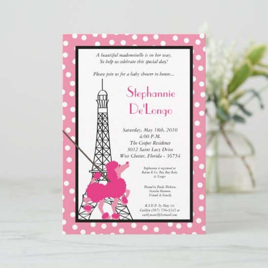 5x7 Girl Pink Poodle Baby shower Uitnodiging (Staand voorkant)